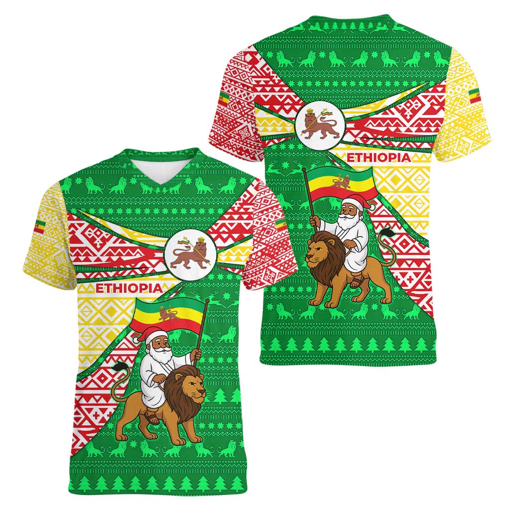 Ethiopia Christmas Women V-Neck T-Shirt with Santa Riding Lion Ethiopian Flag Colors and Tribal Pattern Design - Wonder Print Shop
