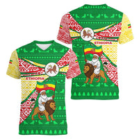 Ethiopia Christmas Women V-Neck T-Shirt with Santa Riding Lion Ethiopian Flag Colors and Tribal Pattern Design - Wonder Print Shop