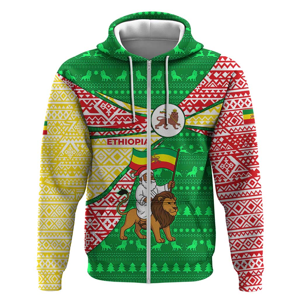 Ethiopia Christmas Zip Hoodie with Santa Riding Lion Ethiopian Flag Colors and Tribal Pattern Design - Wonder Print Shop