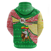 Ethiopia Christmas Zip Hoodie with Santa Riding Lion Ethiopian Flag Colors and Tribal Pattern Design - Wonder Print Shop