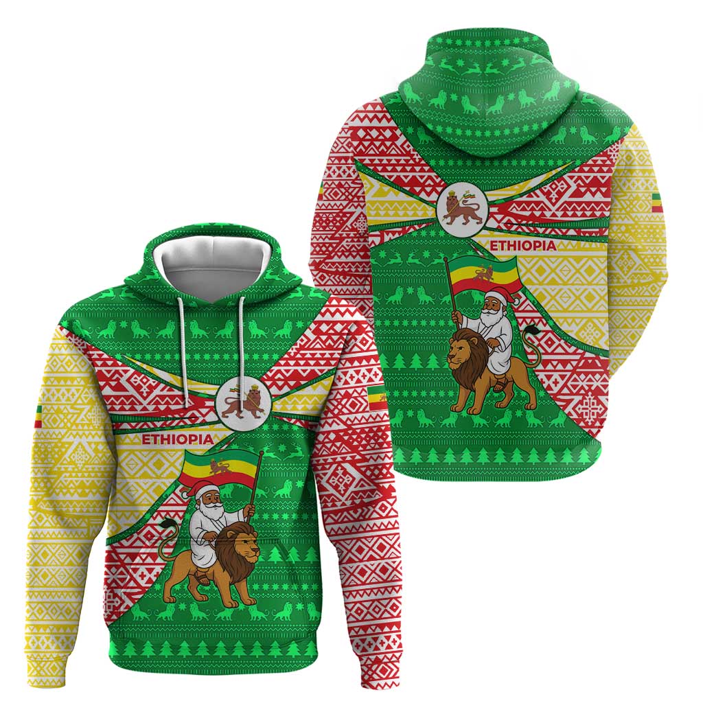 Ethiopia Christmas Zip Hoodie with Santa Riding Lion Ethiopian Flag Colors and Tribal Pattern Design - Wonder Print Shop