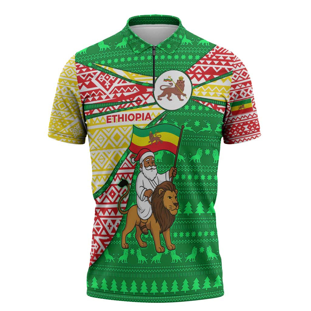 Ethiopia Christmas Zipper Polo Shirt with Santa Riding Lion Ethiopian Flag Colors and Tribal Pattern Design - Wonder Print Shop