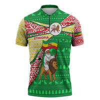 Ethiopia Christmas Zipper Polo Shirt with Santa Riding Lion Ethiopian Flag Colors and Tribal Pattern Design - Wonder Print Shop