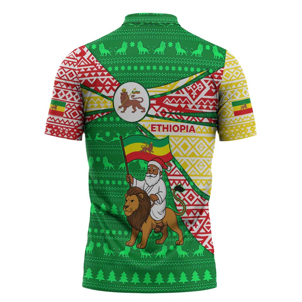 Ethiopia Christmas Zipper Polo Shirt with Santa Riding Lion Ethiopian Flag Colors and Tribal Pattern Design - Wonder Print Shop