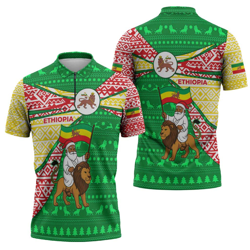 Ethiopia Christmas Zipper Polo Shirt with Santa Riding Lion Ethiopian Flag Colors and Tribal Pattern Design - Wonder Print Shop
