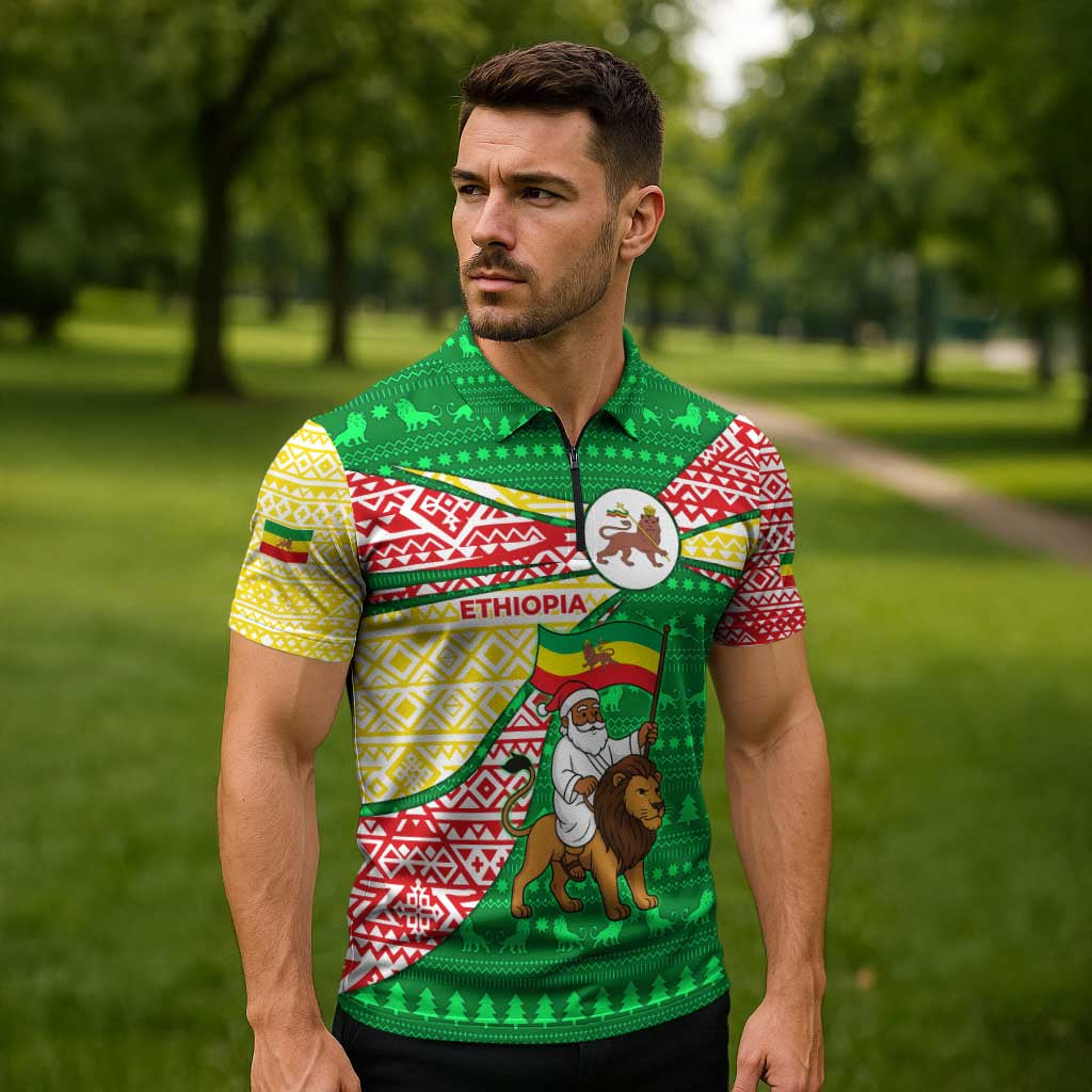 Ethiopia Christmas Zipper Polo Shirt with Santa Riding Lion Ethiopian Flag Colors and Tribal Pattern Design - Wonder Print Shop