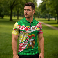 Ethiopia Christmas Zipper Polo Shirt with Santa Riding Lion Ethiopian Flag Colors and Tribal Pattern Design - Wonder Print Shop