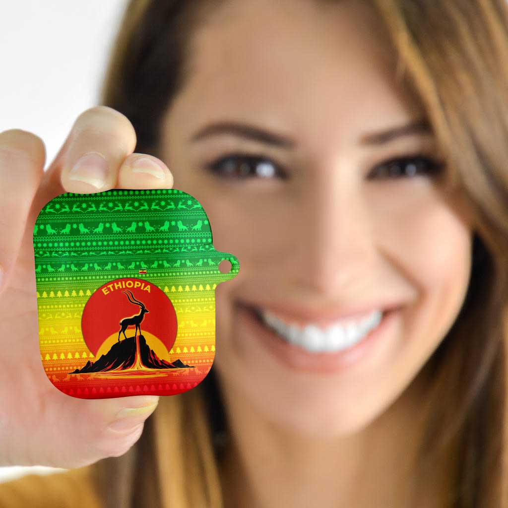 Ethiopia Christmas AirPods Case with Mountain Gazelle Sunset Ethiopian Flag Colors and Tribal Pattern Design - Wonder Print Shop