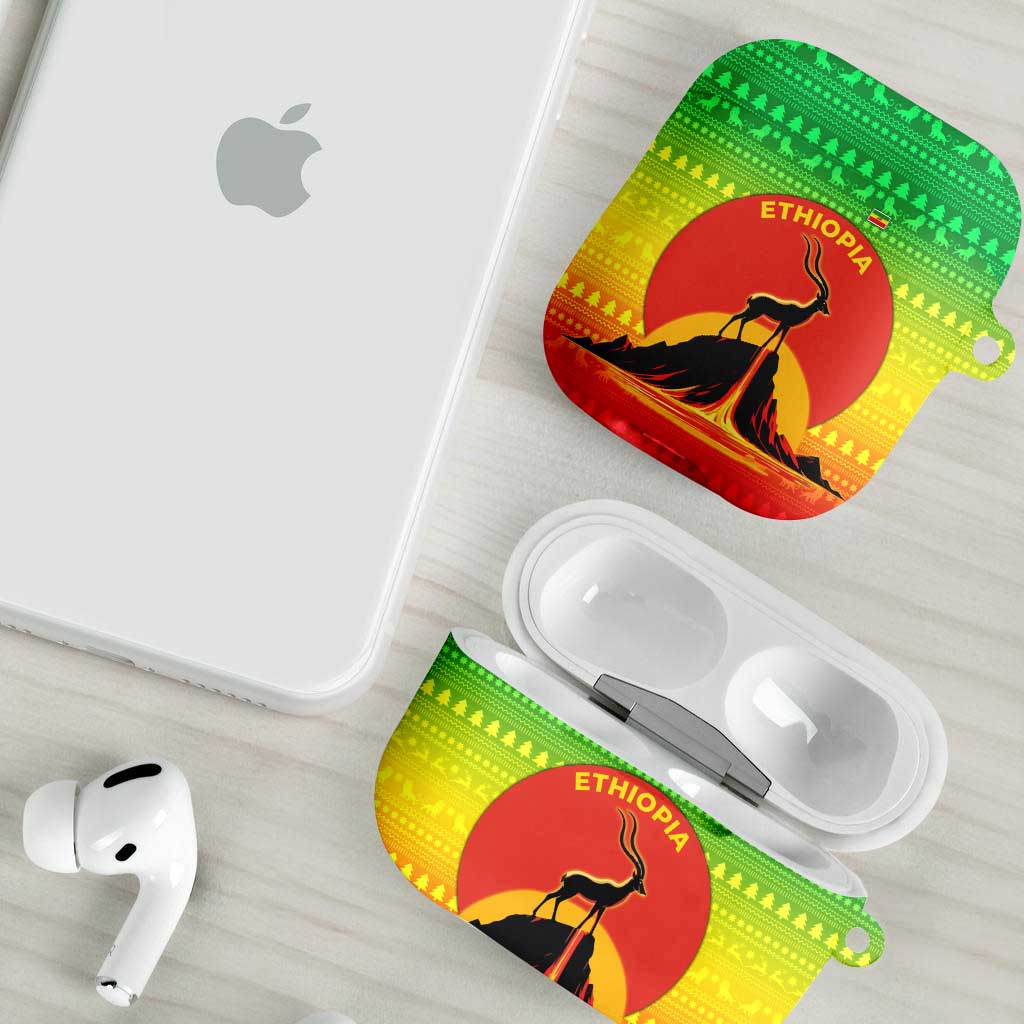 Ethiopia Christmas AirPods Case with Mountain Gazelle Sunset Ethiopian Flag Colors and Tribal Pattern Design - Wonder Print Shop