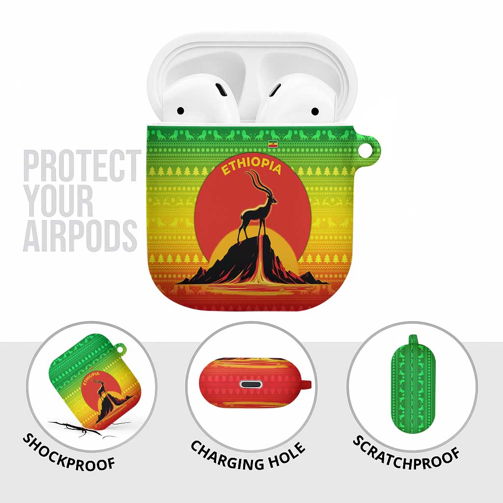 Ethiopia Christmas AirPods Case with Mountain Gazelle Sunset Ethiopian Flag Colors and Tribal Pattern Design - Wonder Print Shop