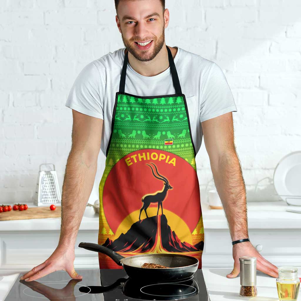 Ethiopia Christmas Apron with Mountain Gazelle Sunset Ethiopian Flag Colors and Tribal Pattern Design - Wonder Print Shop