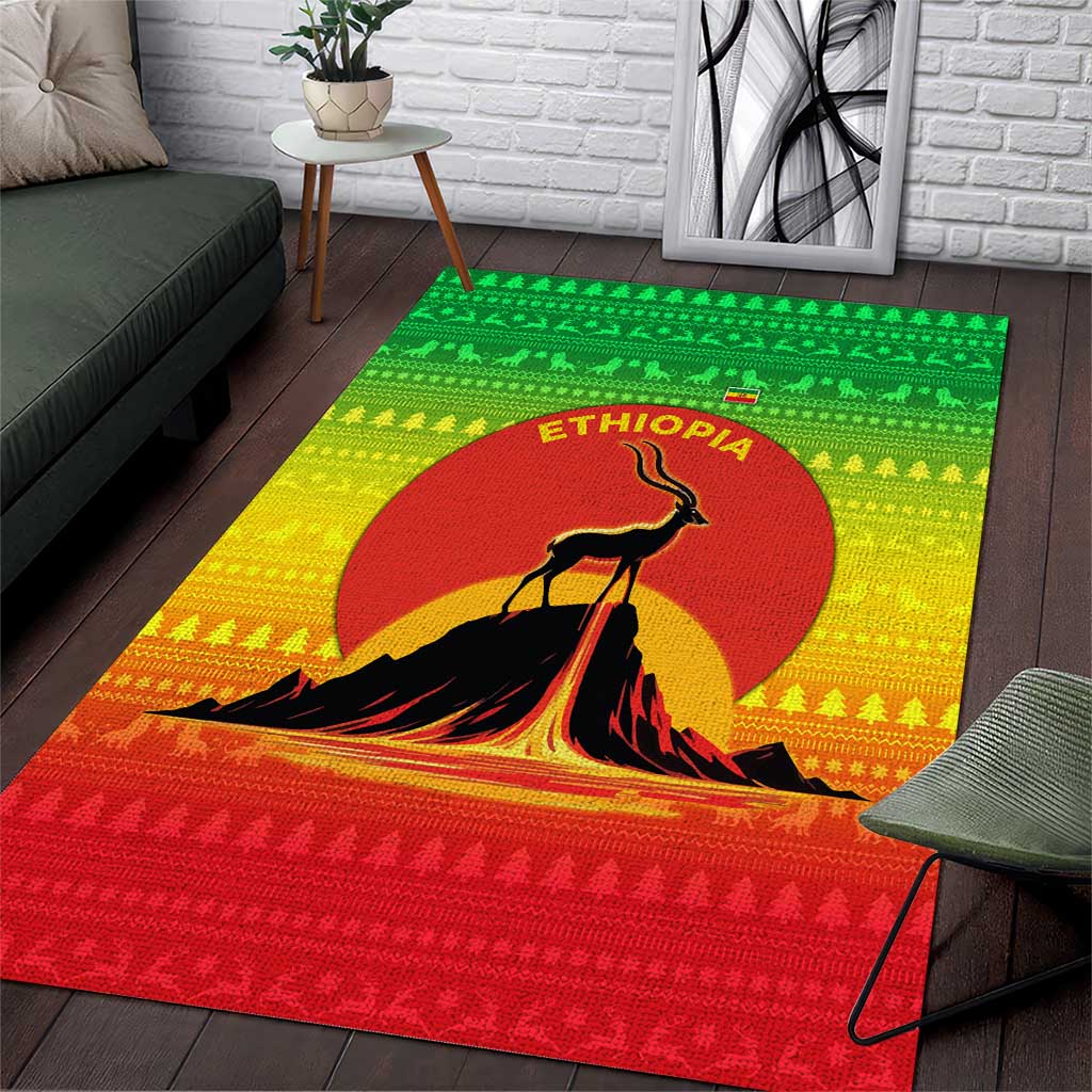 Ethiopia Christmas Area Rug with Mountain Gazelle Sunset Ethiopian Flag Colors and Tribal Pattern Design - Wonder Print Shop