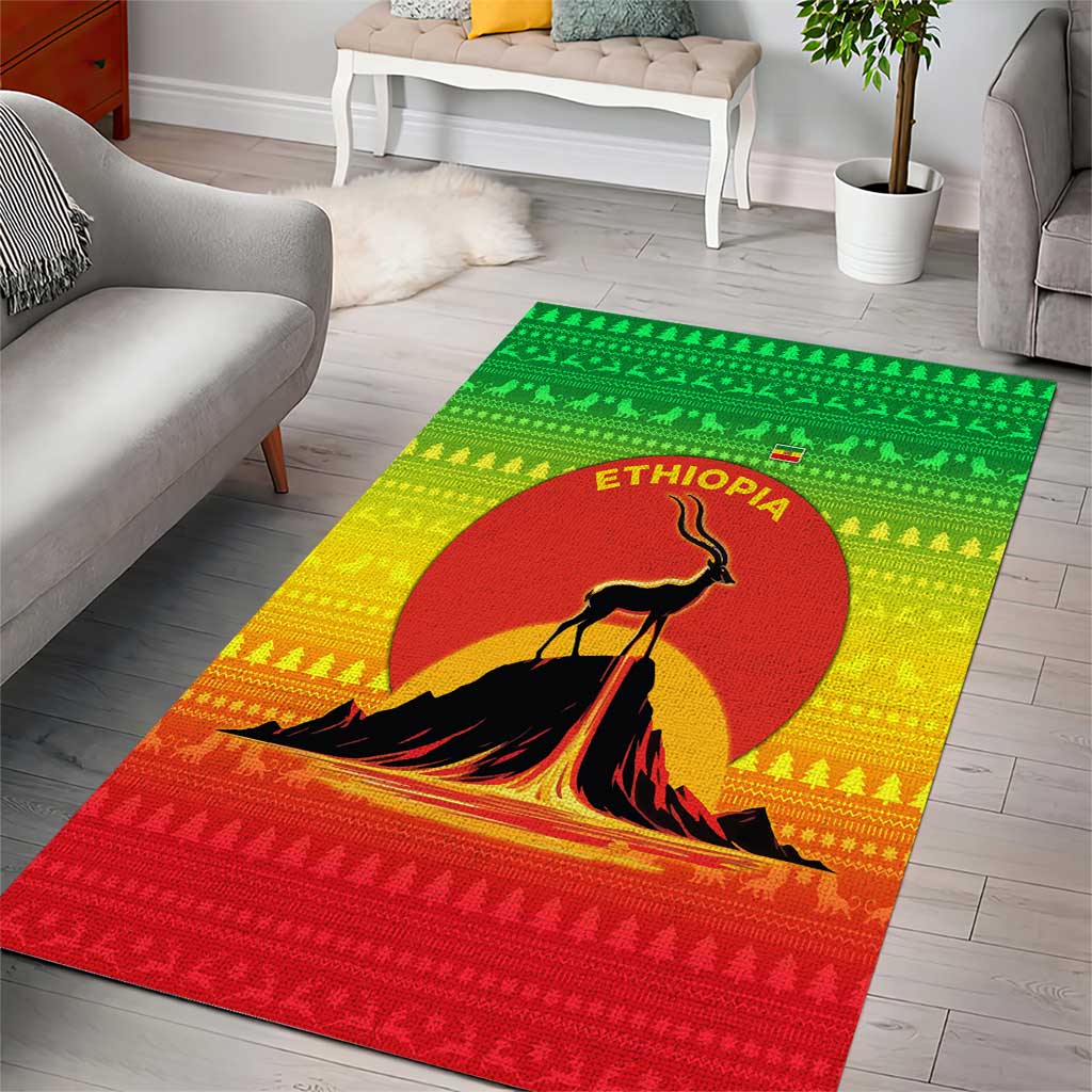 Ethiopia Christmas Area Rug with Mountain Gazelle Sunset Ethiopian Flag Colors and Tribal Pattern Design - Wonder Print Shop