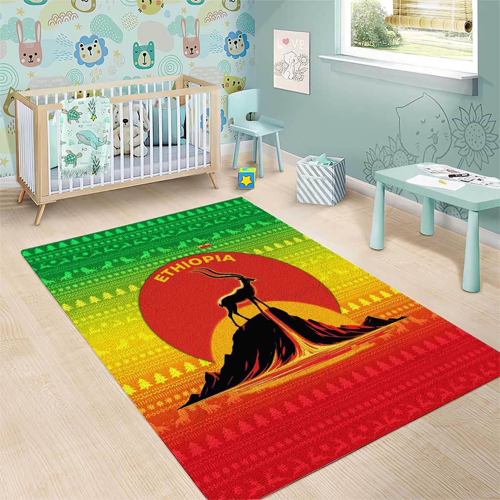 Ethiopia Christmas Area Rug with Mountain Gazelle Sunset Ethiopian Flag Colors and Tribal Pattern Design - Wonder Print Shop