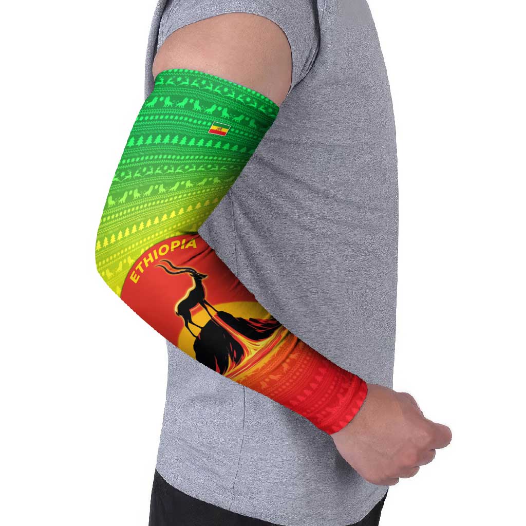Ethiopia Christmas Arm Sleeves with Mountain Gazelle Sunset Ethiopian Flag Colors and Tribal Pattern Design - Wonder Print Shop