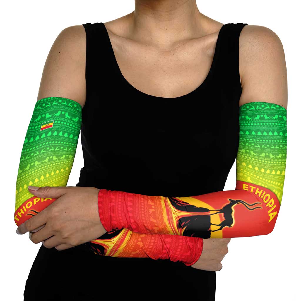 Ethiopia Christmas Arm Sleeves with Mountain Gazelle Sunset Ethiopian Flag Colors and Tribal Pattern Design - Wonder Print Shop