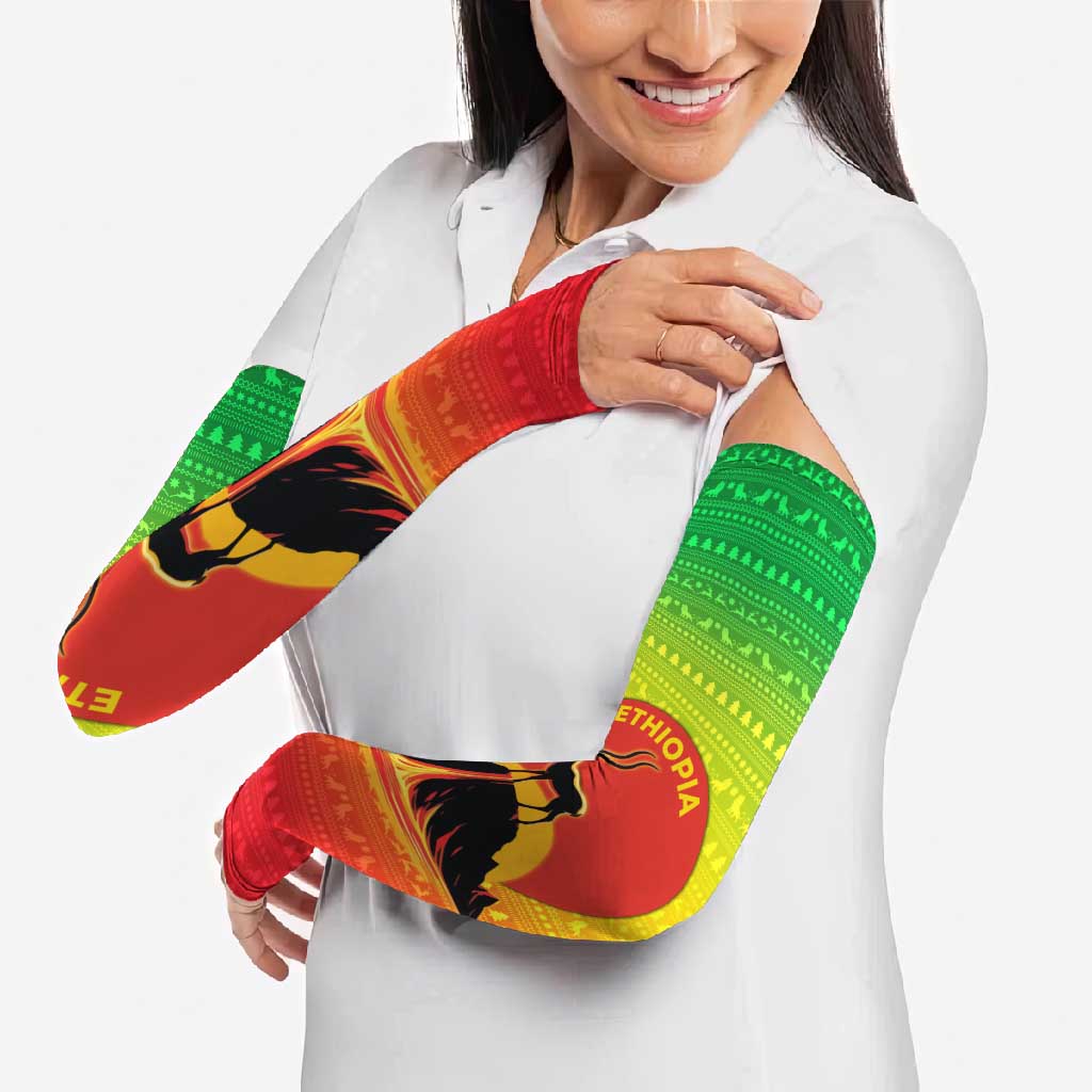 Ethiopia Christmas Arm Sleeves with Mountain Gazelle Sunset Ethiopian Flag Colors and Tribal Pattern Design - Wonder Print Shop