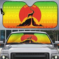 Ethiopia Christmas Auto Sun Shade with Mountain Gazelle Sunset Ethiopian Flag Colors and Tribal Pattern Design - Wonder Print Shop