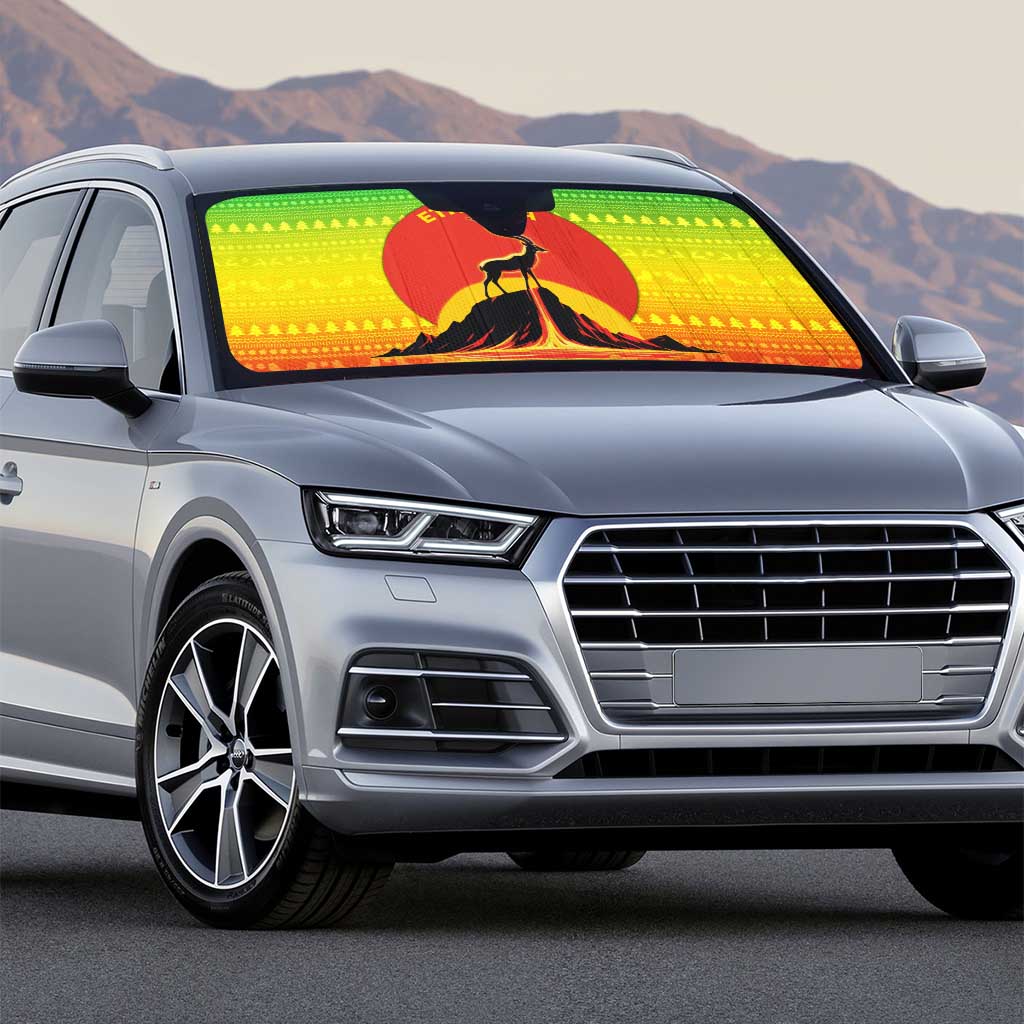 Ethiopia Christmas Auto Sun Shade with Mountain Gazelle Sunset Ethiopian Flag Colors and Tribal Pattern Design - Wonder Print Shop