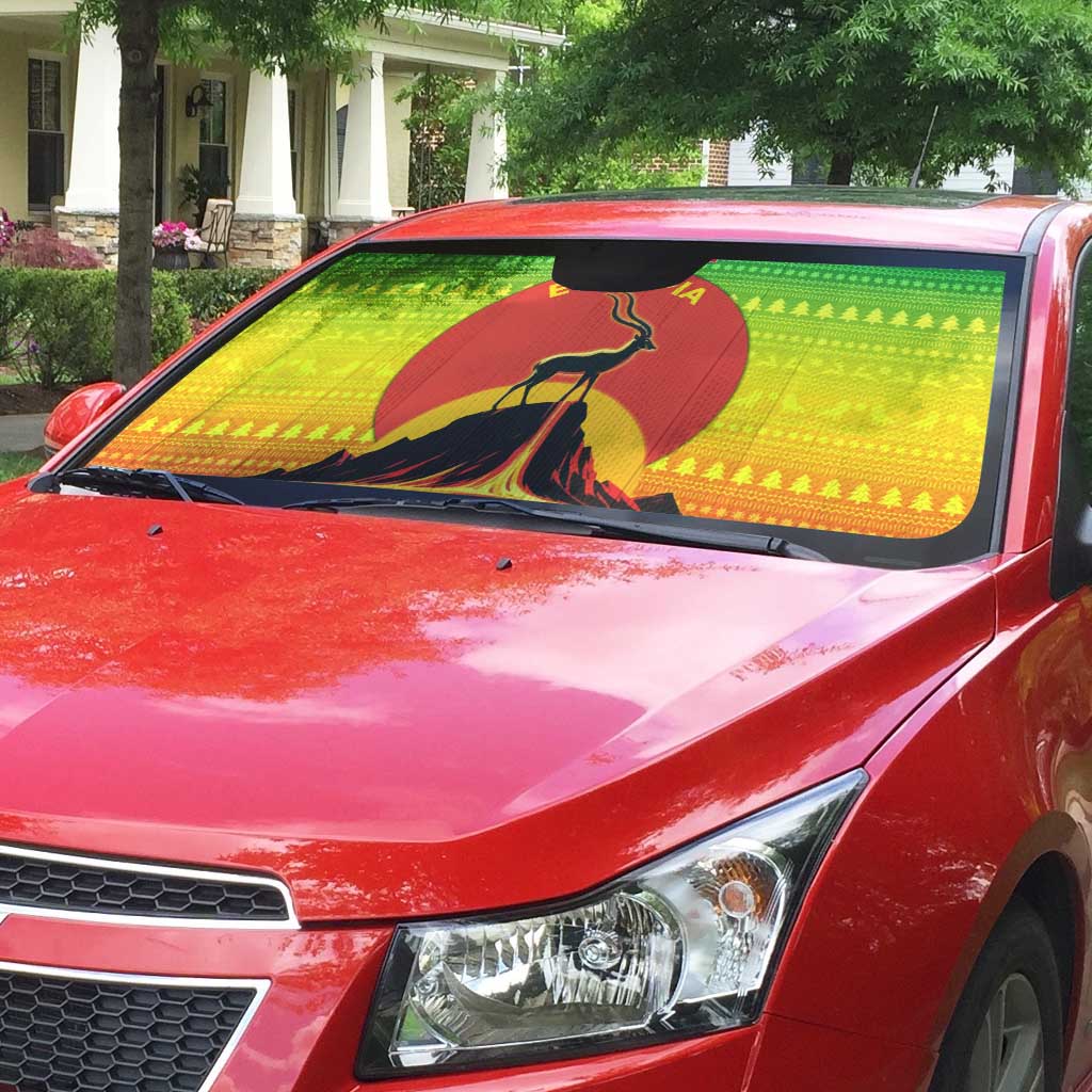 Ethiopia Christmas Auto Sun Shade with Mountain Gazelle Sunset Ethiopian Flag Colors and Tribal Pattern Design - Wonder Print Shop