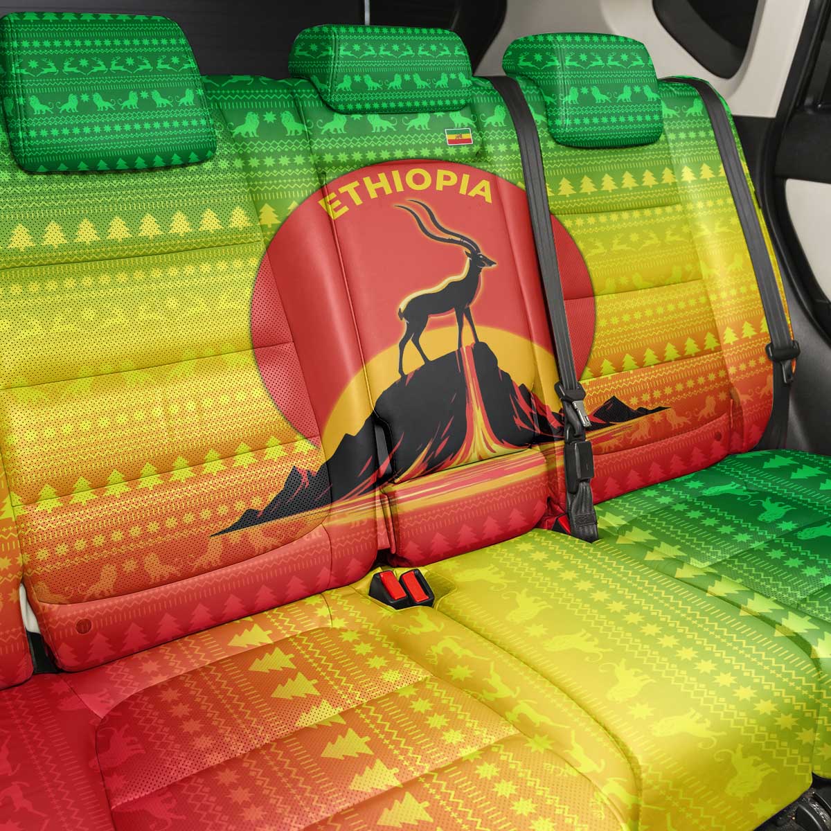 Ethiopia Christmas Back Car Seat Cover with Mountain Gazelle Sunset Ethiopian Flag Colors and Tribal Pattern Design - Wonder Print Shop