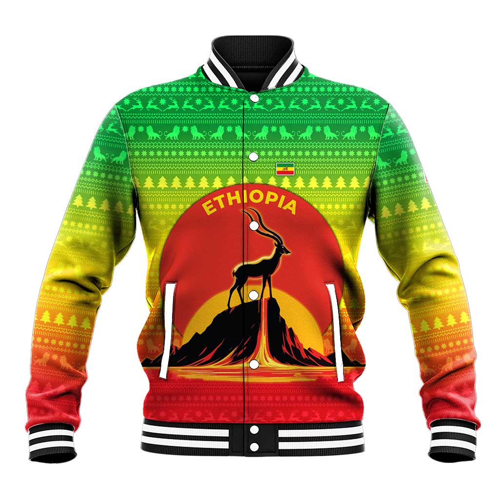 Ethiopia Christmas Baseball Jacket with Mountain Gazelle Sunset Ethiopian Flag Colors and Tribal Pattern Design - Wonder Print Shop