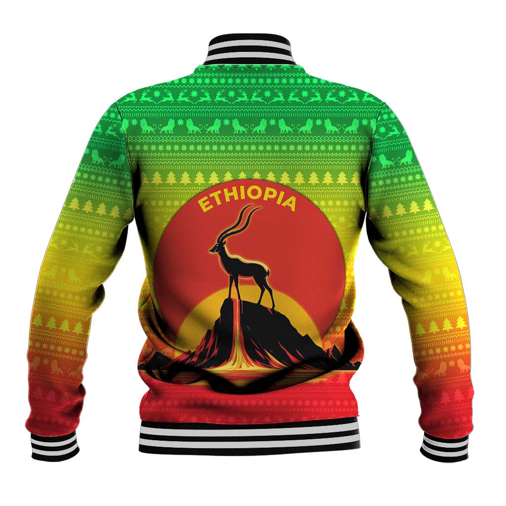 Ethiopia Christmas Baseball Jacket with Mountain Gazelle Sunset Ethiopian Flag Colors and Tribal Pattern Design - Wonder Print Shop