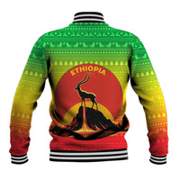 Ethiopia Christmas Baseball Jacket with Mountain Gazelle Sunset Ethiopian Flag Colors and Tribal Pattern Design - Wonder Print Shop