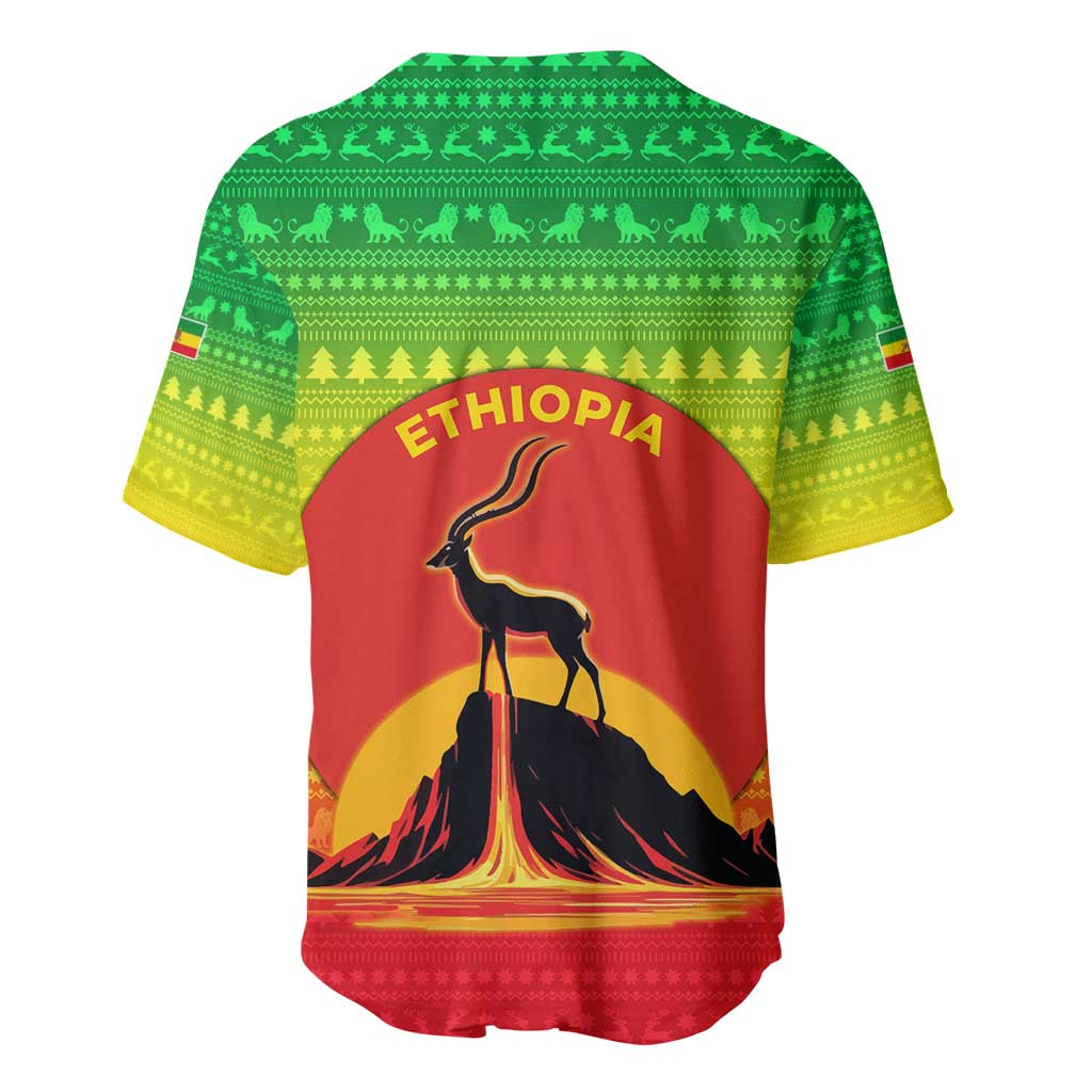Ethiopia Christmas Baseball Jersey with Mountain Gazelle Sunset Ethiopian Flag Colors and Tribal Pattern Design - Wonder Print Shop