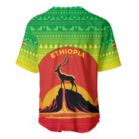Ethiopia Christmas Baseball Jersey with Mountain Gazelle Sunset Ethiopian Flag Colors and Tribal Pattern Design - Wonder Print Shop
