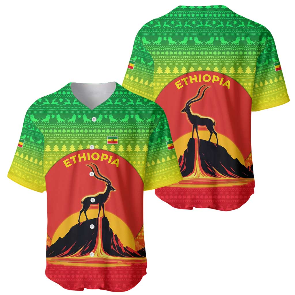 Ethiopia Christmas Baseball Jersey with Mountain Gazelle Sunset Ethiopian Flag Colors and Tribal Pattern Design - Wonder Print Shop