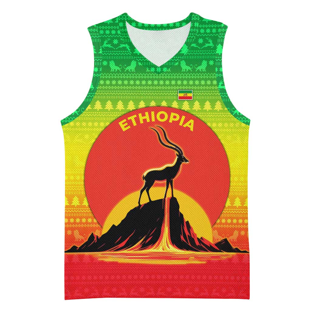 Ethiopia Christmas Basketball Jersey with Mountain Gazelle Sunset Ethiopian Flag Colors and Tribal Pattern Design - Wonder Print Shop
