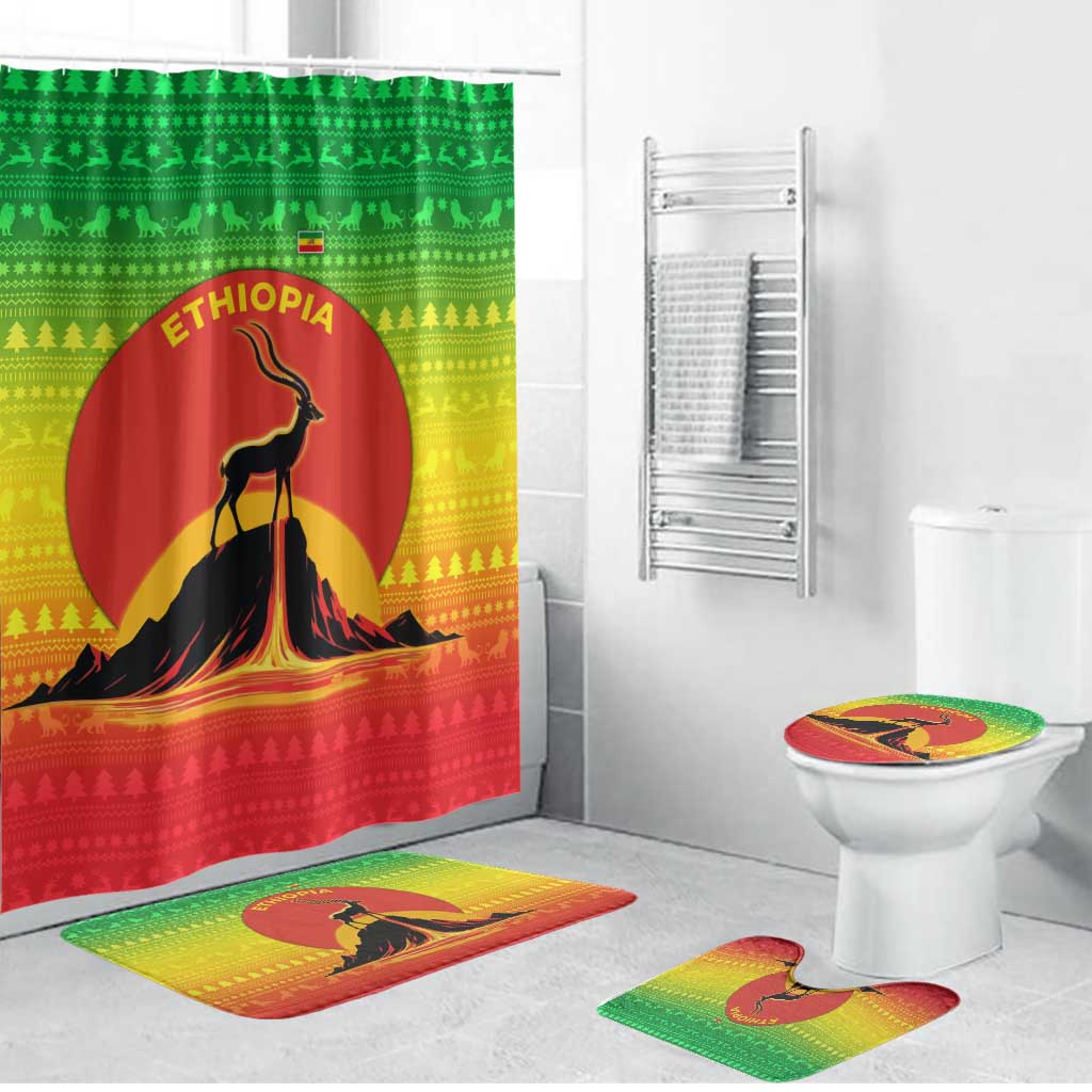 Ethiopia Christmas Bathroom Set with Mountain Gazelle Sunset Ethiopian Flag Colors and Tribal Pattern Design - Wonder Print Shop