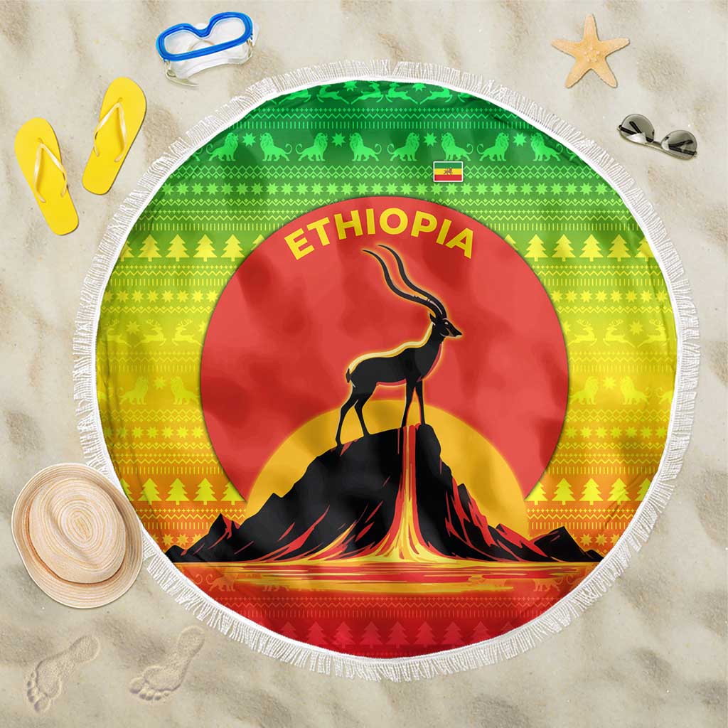 Ethiopia Christmas Beach Blanket with Mountain Gazelle Sunset Ethiopian Flag Colors and Tribal Pattern Design - Wonder Print Shop