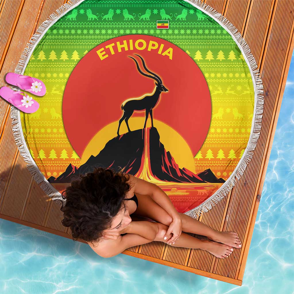 Ethiopia Christmas Beach Blanket with Mountain Gazelle Sunset Ethiopian Flag Colors and Tribal Pattern Design - Wonder Print Shop