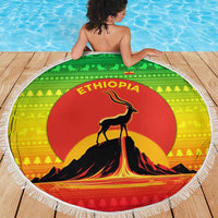 Ethiopia Christmas Beach Blanket with Mountain Gazelle Sunset Ethiopian Flag Colors and Tribal Pattern Design - Wonder Print Shop