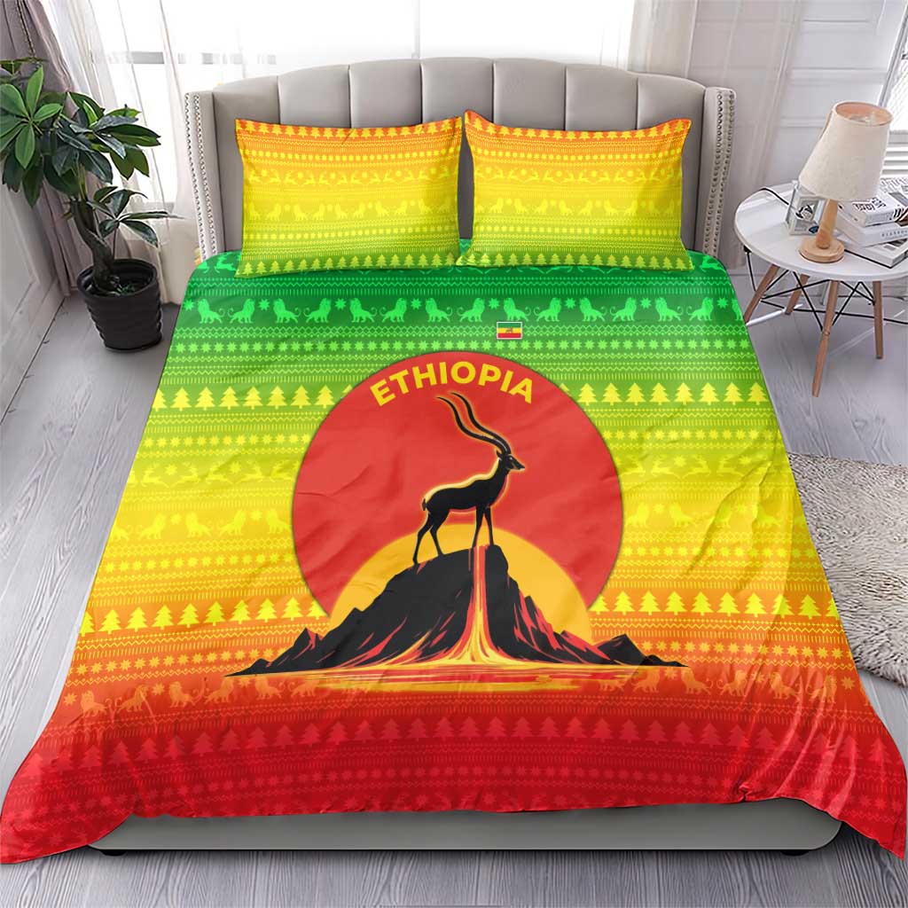 Ethiopia Christmas Bedding Set with Mountain Gazelle Sunset Ethiopian Flag Colors and Tribal Pattern Design - Wonder Print Shop