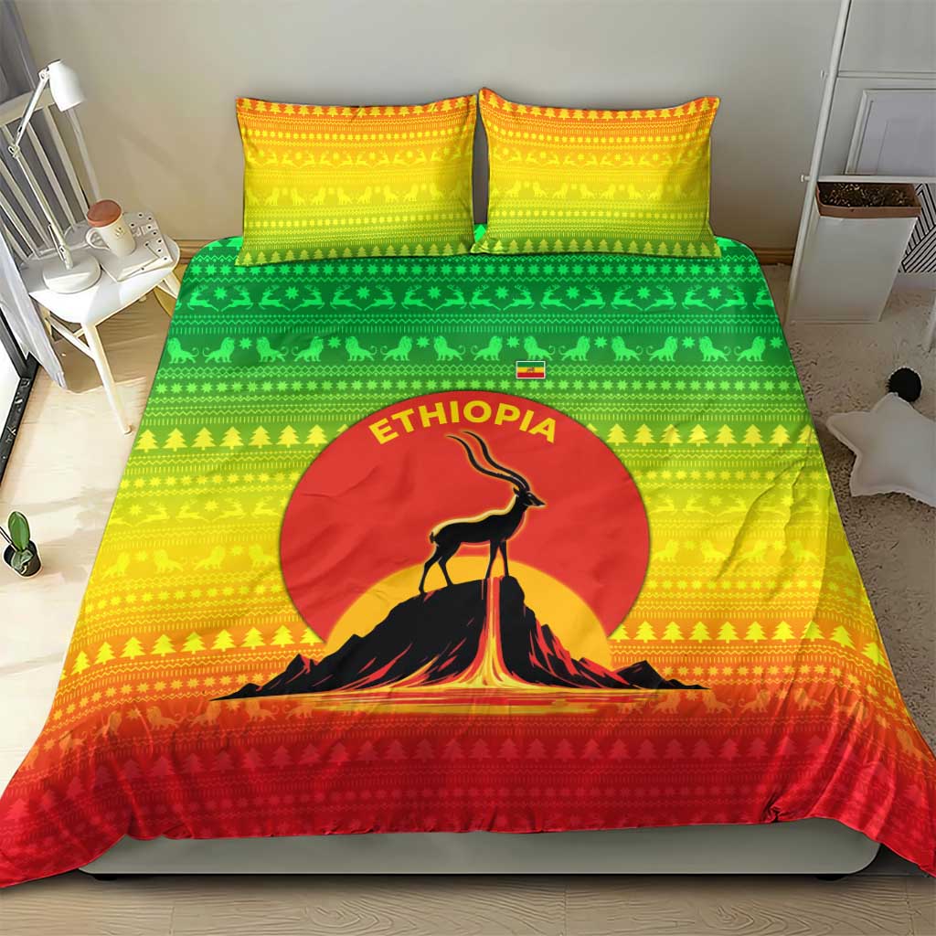 Ethiopia Christmas Bedding Set with Mountain Gazelle Sunset Ethiopian Flag Colors and Tribal Pattern Design - Wonder Print Shop
