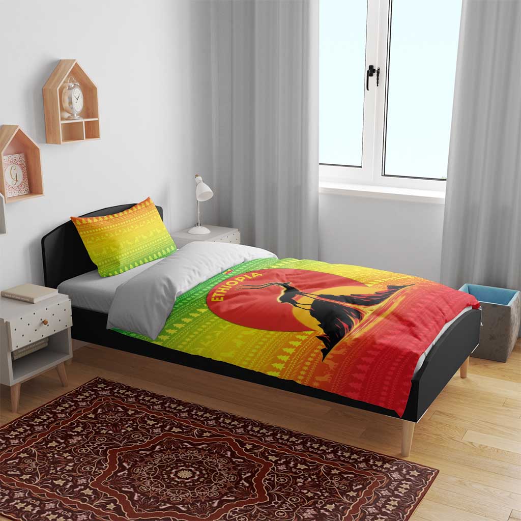 Ethiopia Christmas Bedding Set with Mountain Gazelle Sunset Ethiopian Flag Colors and Tribal Pattern Design - Wonder Print Shop