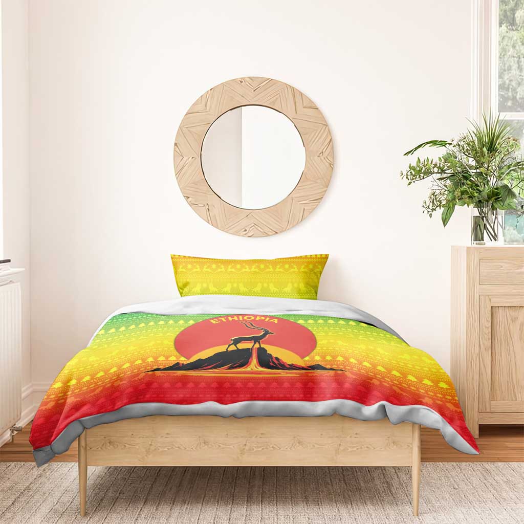 Ethiopia Christmas Bedding Set with Mountain Gazelle Sunset Ethiopian Flag Colors and Tribal Pattern Design - Wonder Print Shop