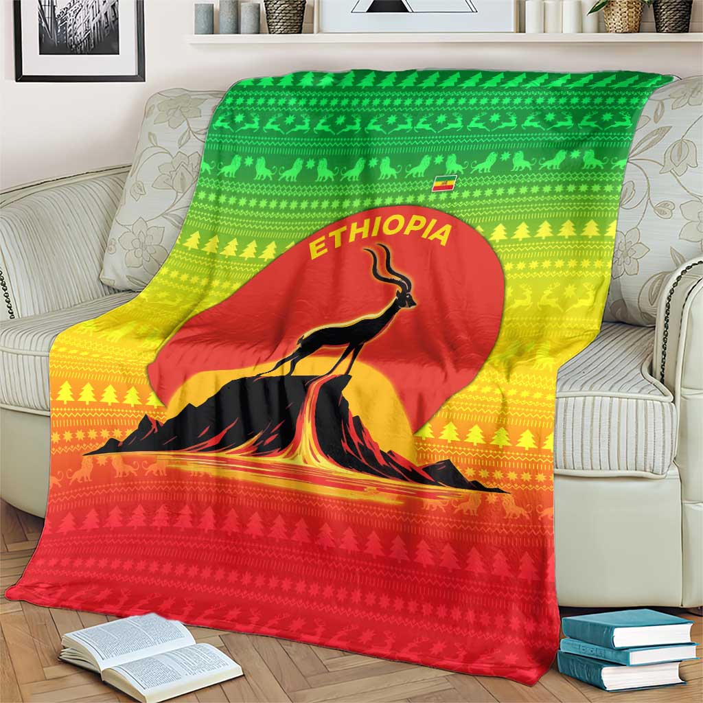 Ethiopia Christmas Blanket with Mountain Gazelle Sunset Ethiopian Flag Colors and Tribal Pattern Design - Wonder Print Shop