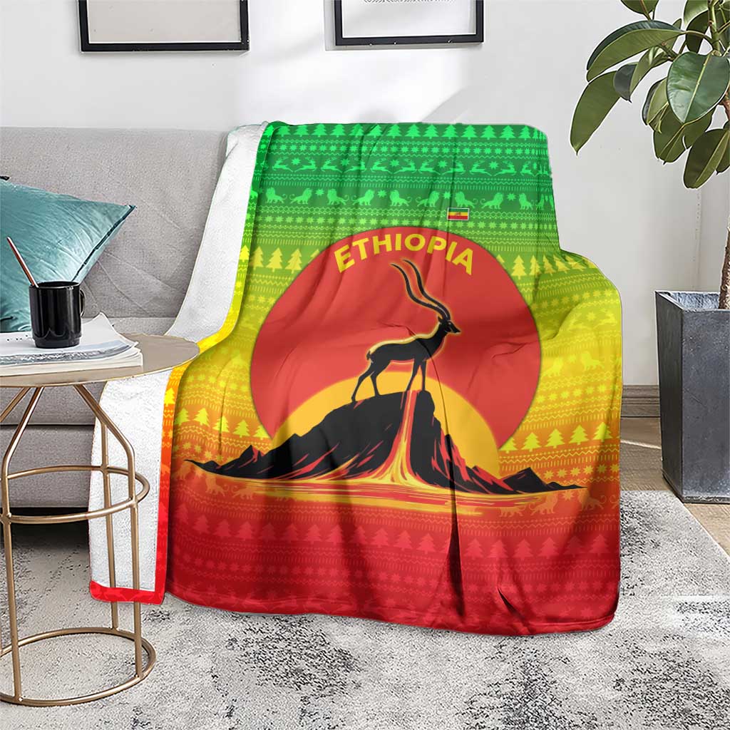 Ethiopia Christmas Blanket with Mountain Gazelle Sunset Ethiopian Flag Colors and Tribal Pattern Design - Wonder Print Shop