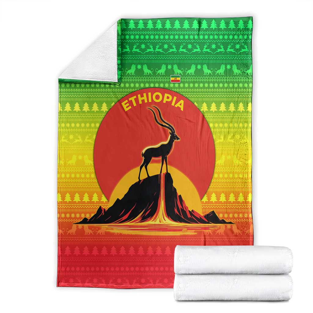 Ethiopia Christmas Blanket with Mountain Gazelle Sunset Ethiopian Flag Colors and Tribal Pattern Design - Wonder Print Shop