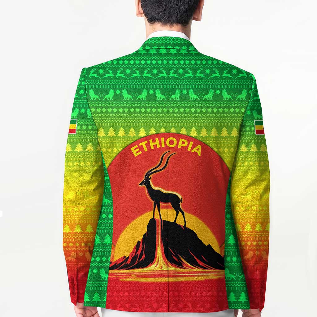 Ethiopia Christmas Blazer with Mountain Gazelle Sunset Ethiopian Flag Colors and Tribal Pattern Design - Wonder Print Shop