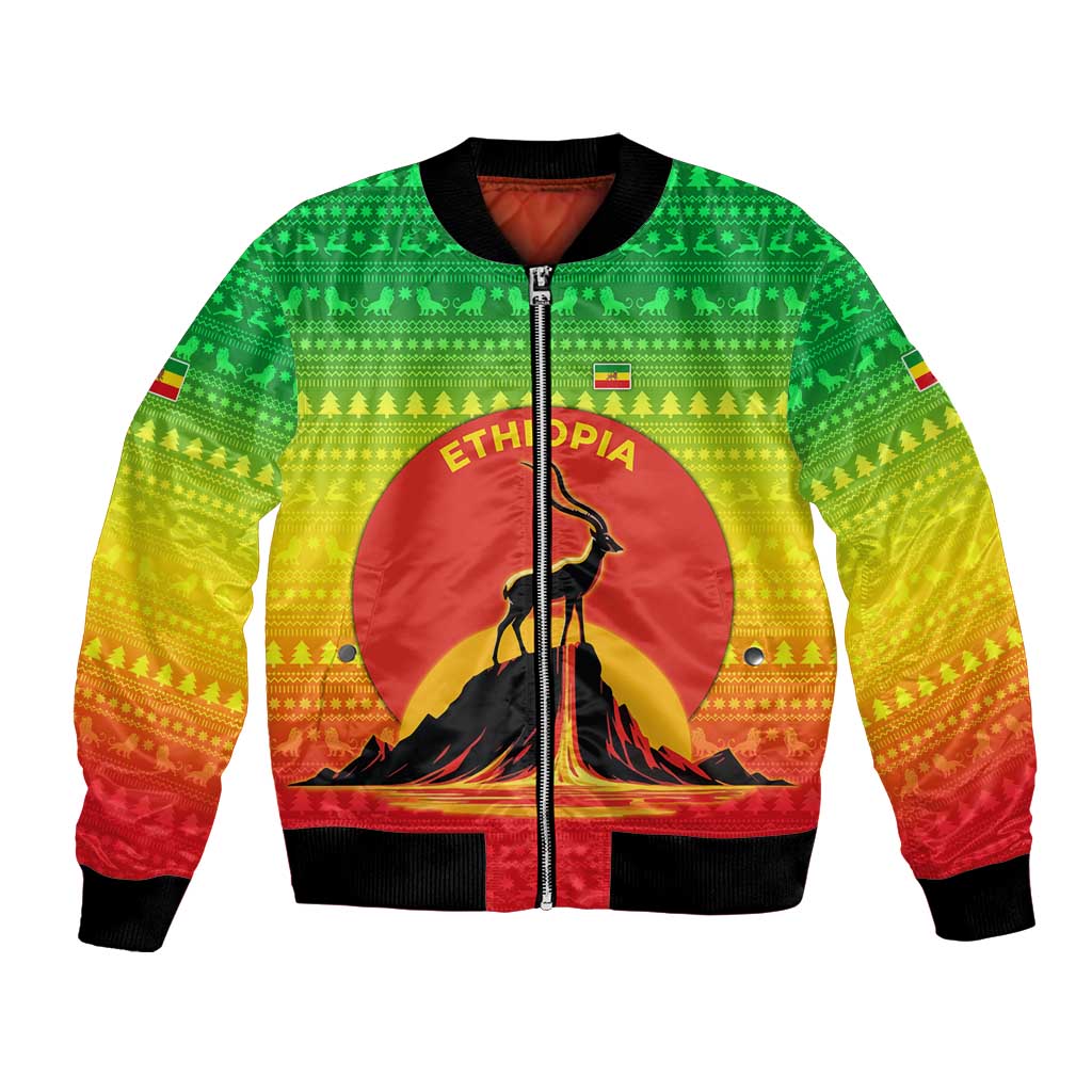 Ethiopia Christmas Bomber Jacket with Mountain Gazelle Sunset Ethiopian Flag Colors and Tribal Pattern Design - Wonder Print Shop