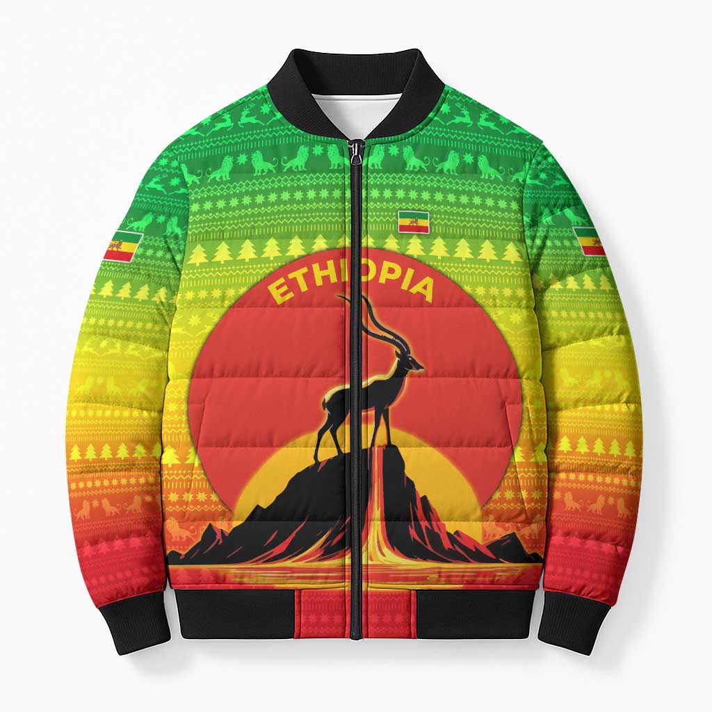 Ethiopia Christmas Bomber Puffer Jacket with Mountain Gazelle Sunset Ethiopian Flag Colors and Tribal Pattern Design - Wonder Print Shop