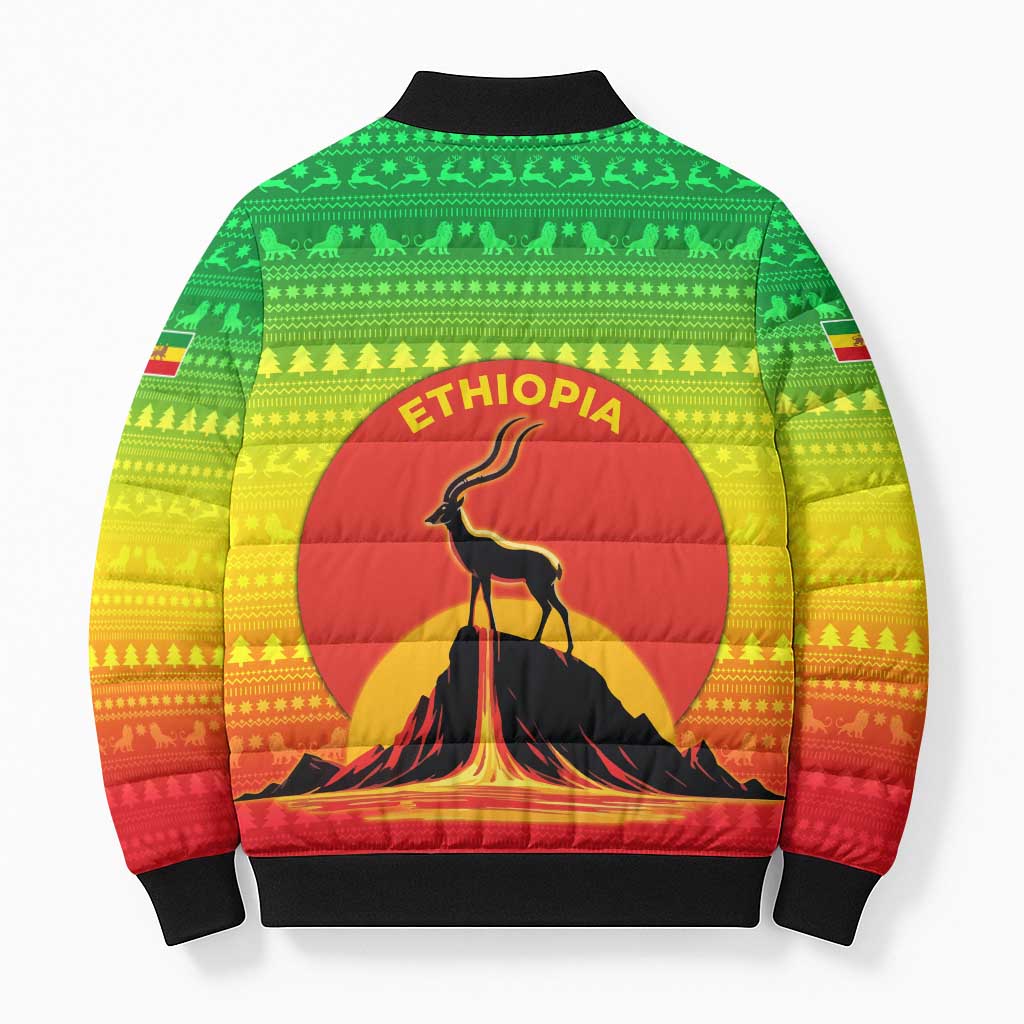 Ethiopia Christmas Bomber Puffer Jacket with Mountain Gazelle Sunset Ethiopian Flag Colors and Tribal Pattern Design - Wonder Print Shop