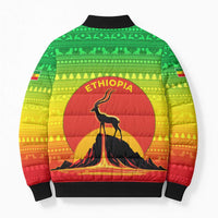 Ethiopia Christmas Bomber Puffer Jacket with Mountain Gazelle Sunset Ethiopian Flag Colors and Tribal Pattern Design - Wonder Print Shop