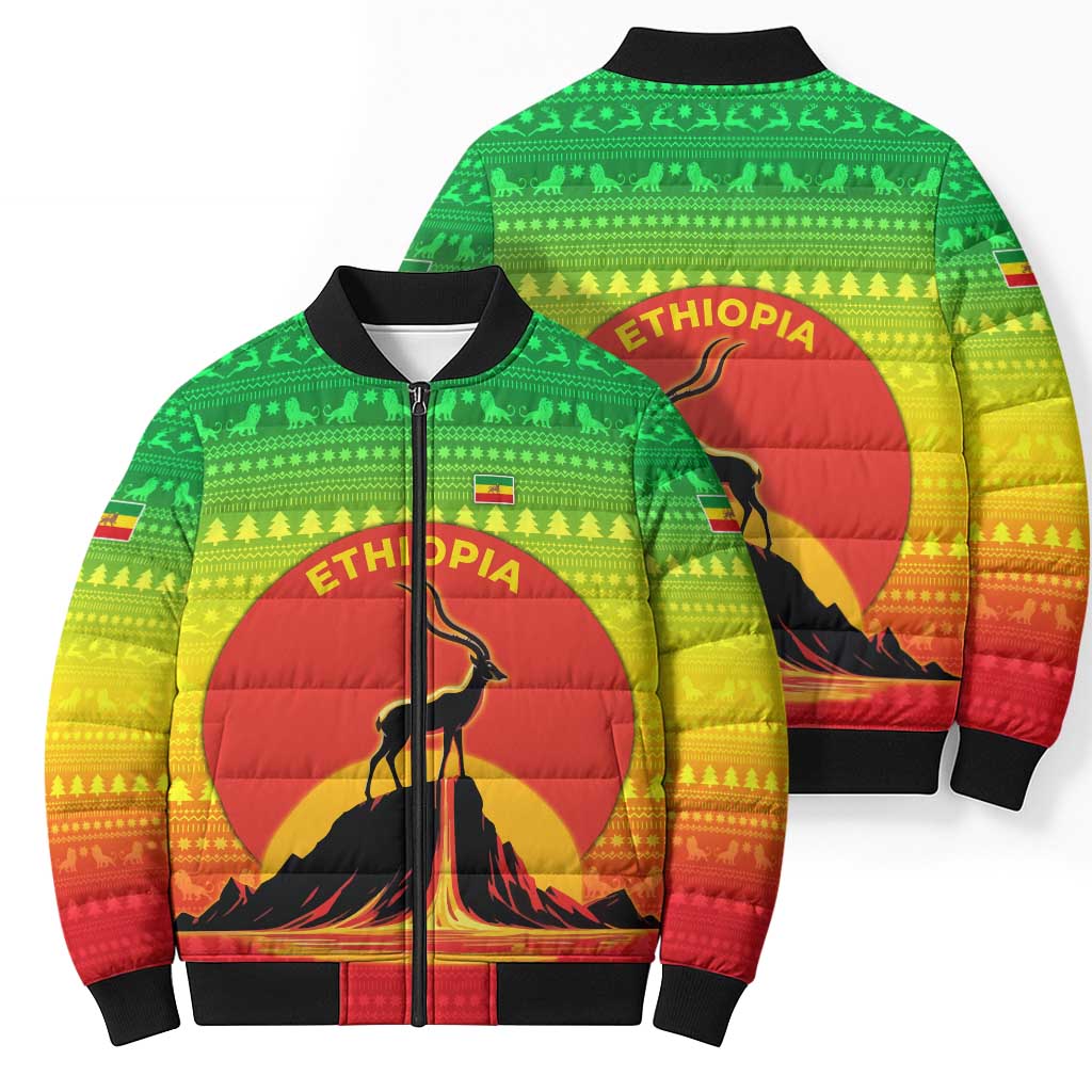 Ethiopia Christmas Bomber Puffer Jacket with Mountain Gazelle Sunset Ethiopian Flag Colors and Tribal Pattern Design - Wonder Print Shop
