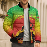 Ethiopia Christmas Bomber Puffer Jacket with Mountain Gazelle Sunset Ethiopian Flag Colors and Tribal Pattern Design - Wonder Print Shop